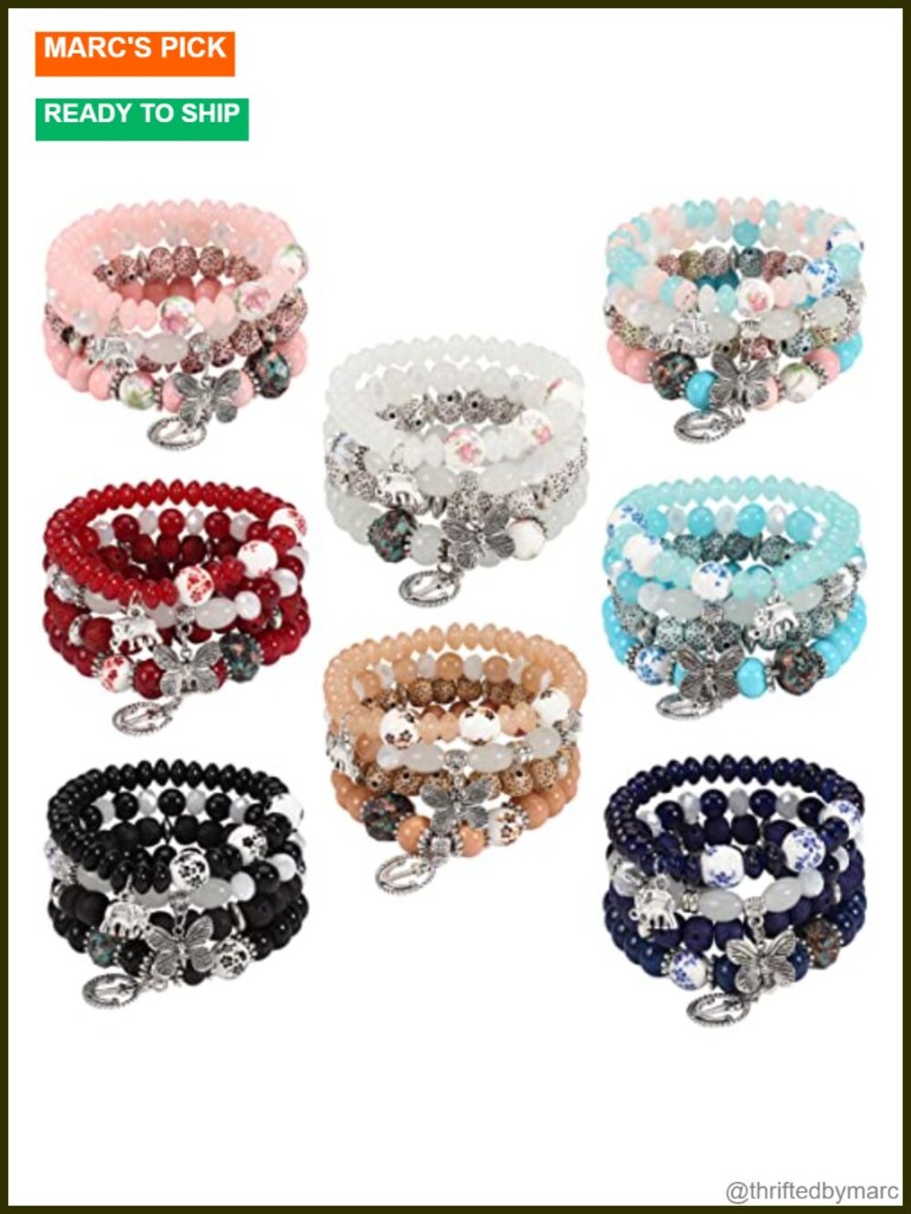 Bohemian Stretch Beaded Bracelet Set with Angel Wings Charm